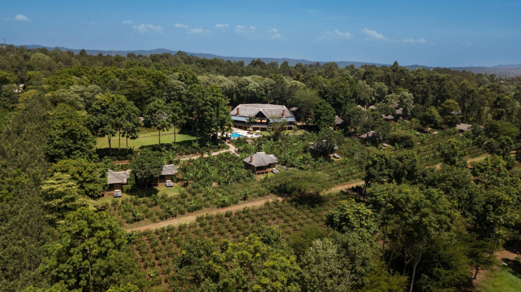 Aerial view of Kitela Lodge among coffee plantations and gardens in Karatu, Ngorongoro Highlands