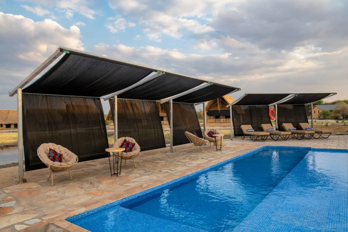Swimming pool with shaded loungers at Lake Burunge Baobab South Lodge