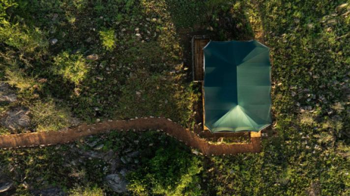 Aerial view of Jackals Lair Camp in the Nyabogati area, central Serengeti