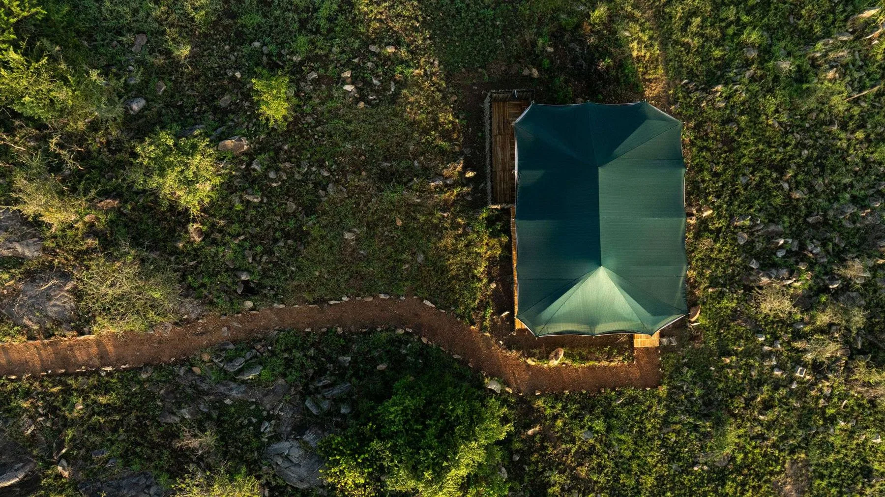 Aerial view of Jackals Lair Camp in the Nyabogati area, central Serengeti