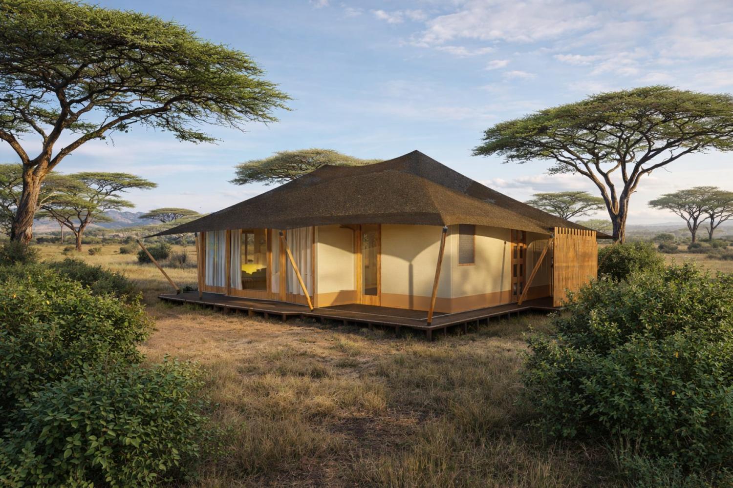 Raised safari tent at Gnus Lair in the northern Serengeti