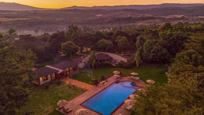 Aerial view of Acacia Farm Lodge and its gardens near the Ngorongoro Crater