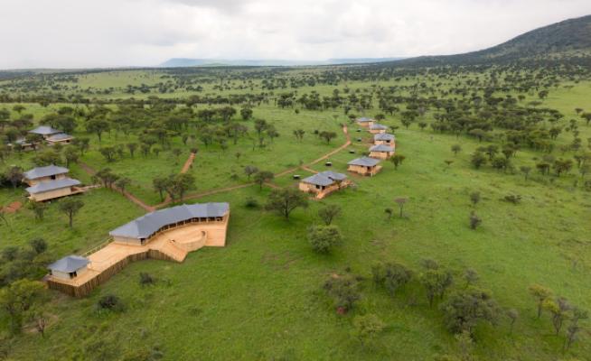 Aerial view of Lala Salama Serengeti Luxury Camp in the central Serengeti
