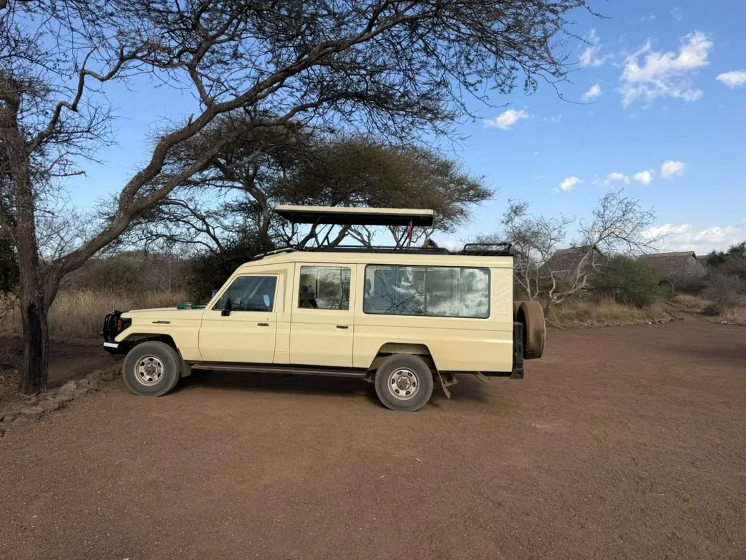 Seguro de viaje y Flying Doctors – A safari Land Cruiser parked in the shade of an acacia