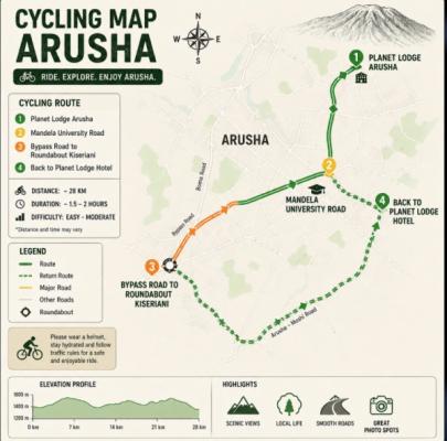 Arusha Cycling Tour – Cycling Map Arusha: Planet Lodge Arusha, Mandela University Road, Bypass Road to Kiseriani roundabout and back, about 28 km